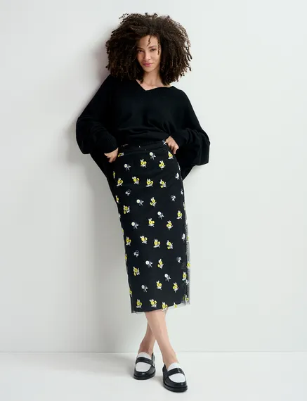 Falda midi de tul con bordados florales, negro