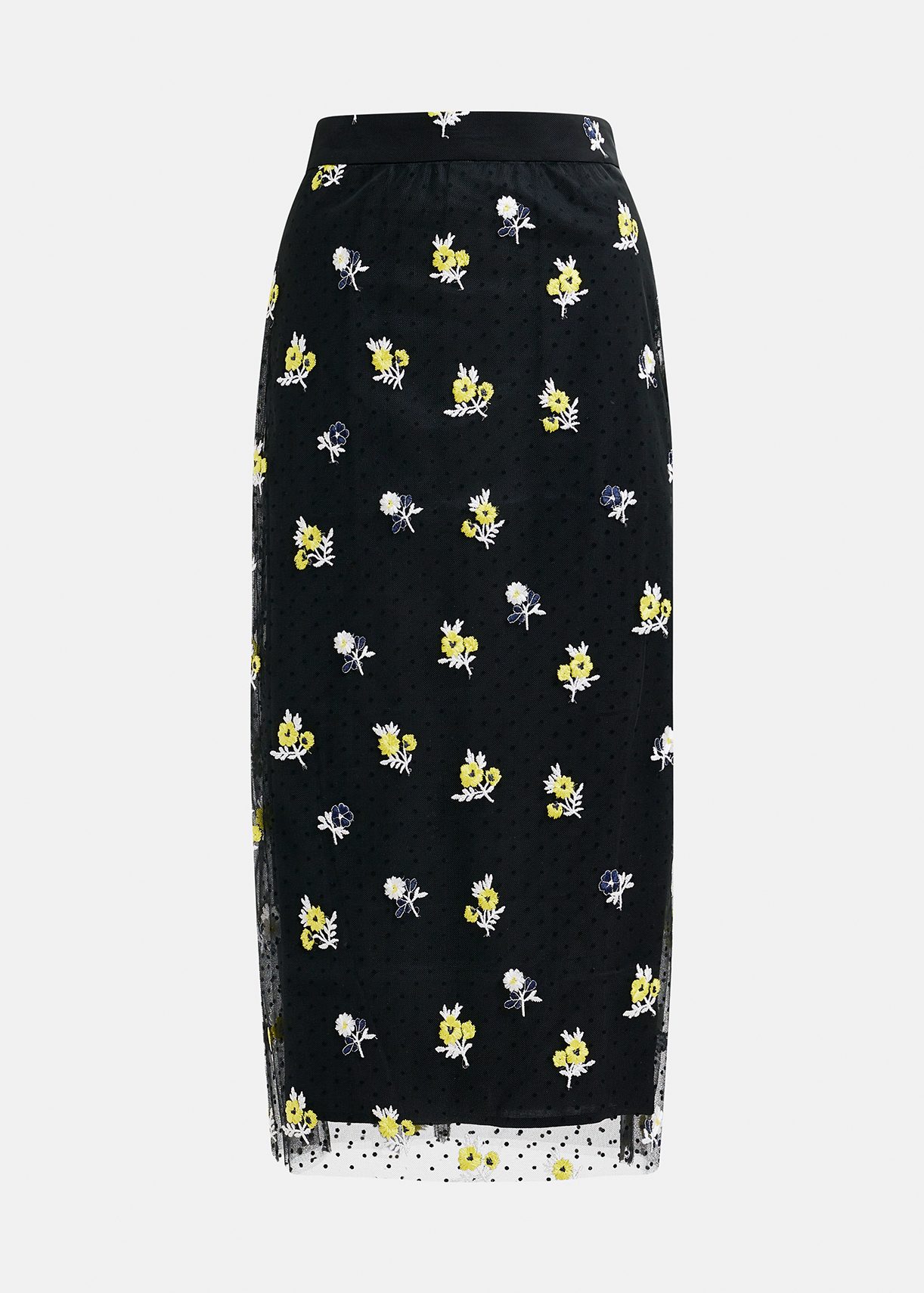 Falda midi de tul con bordados florales, negro