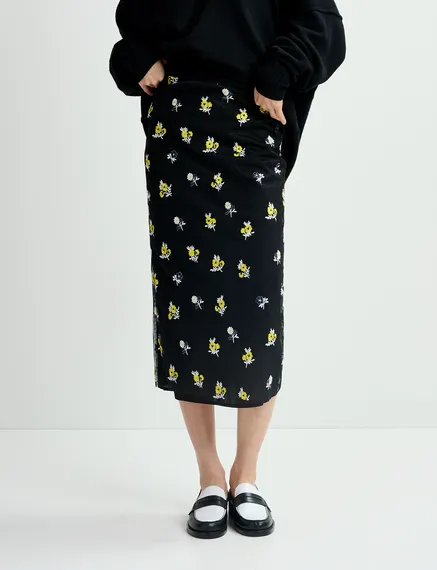 Zwarte tulen midirok met bloemen