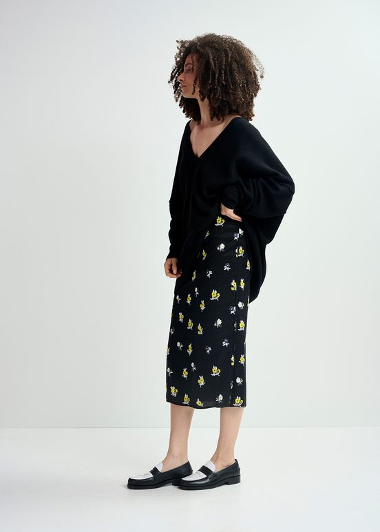 Zwarte tulen midirok met bloemen