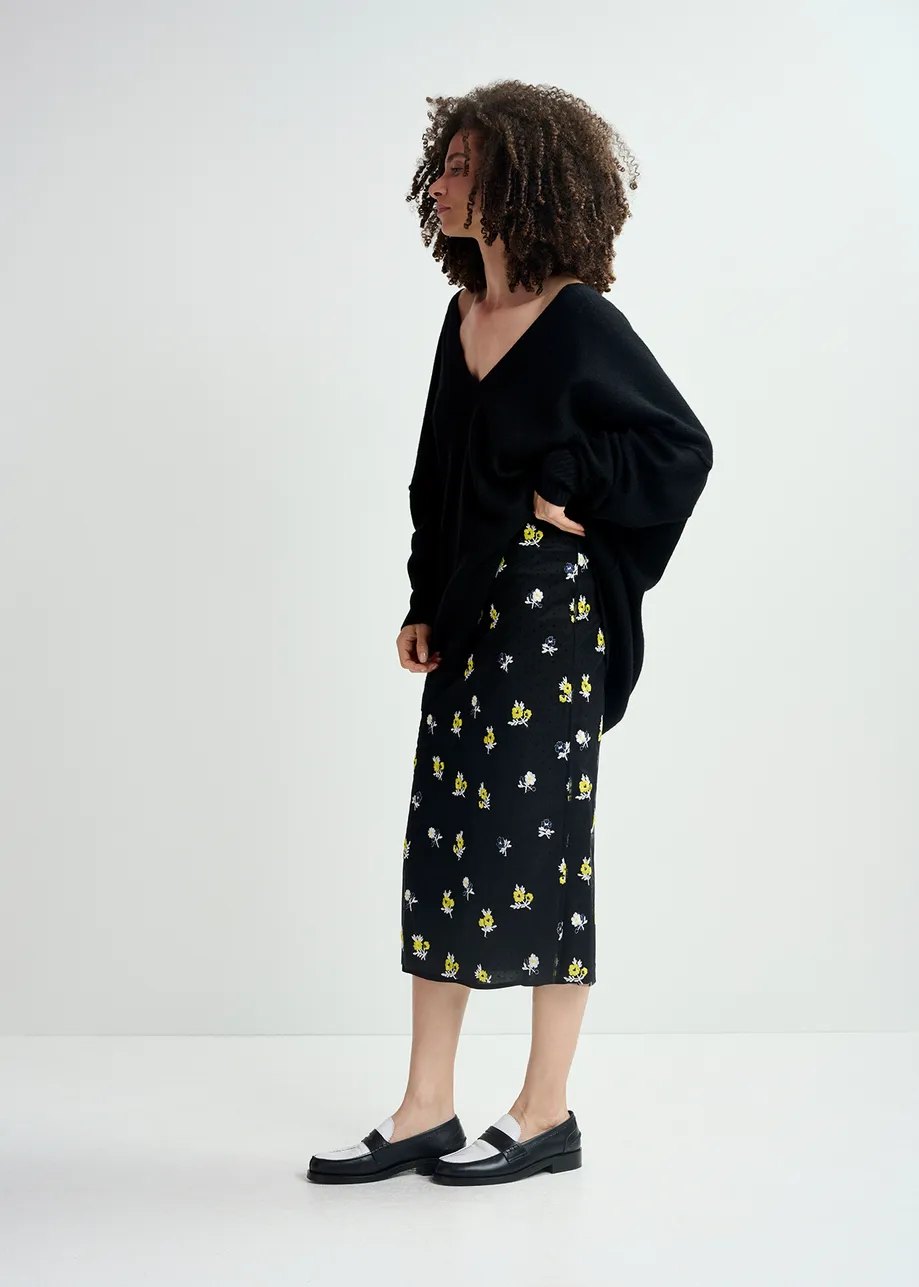 Black tule midi skirt with floral embroideries