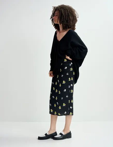 Black tule midi skirt with floral embroideries