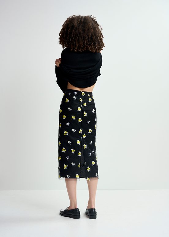 Zwarte tulen midirok met bloemen