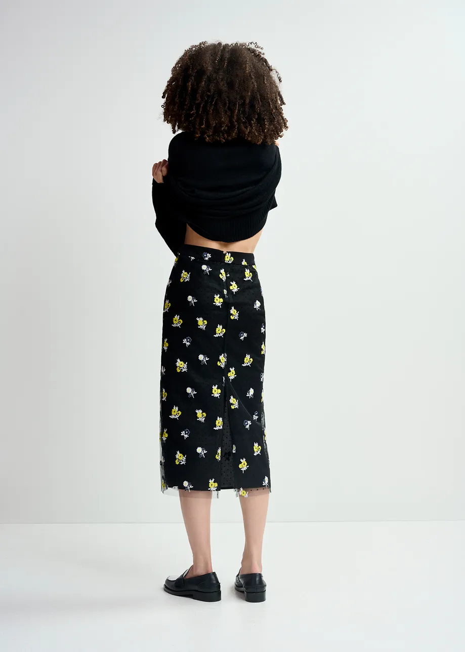 Black tule midi skirt with floral embroideries