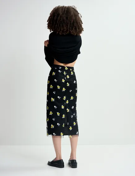 Falda midi de tul con bordados florales, negro