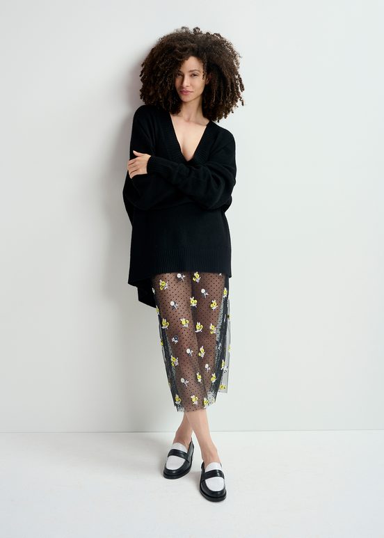 Black tule midi skirt with floral embroideries