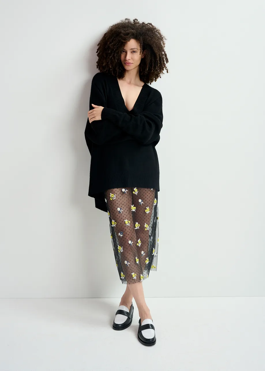 Black tule midi skirt with floral embroideries