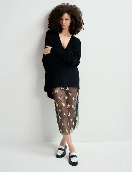 Black tule midi skirt with floral embroideries