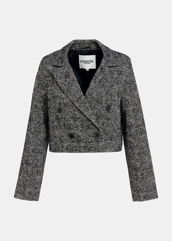 Korte zwart-witte blazer in visgraatweving