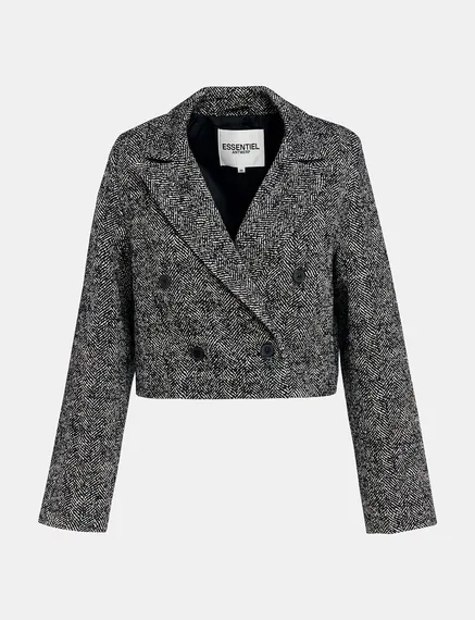 Korte zwart-witte blazer in visgraatweving