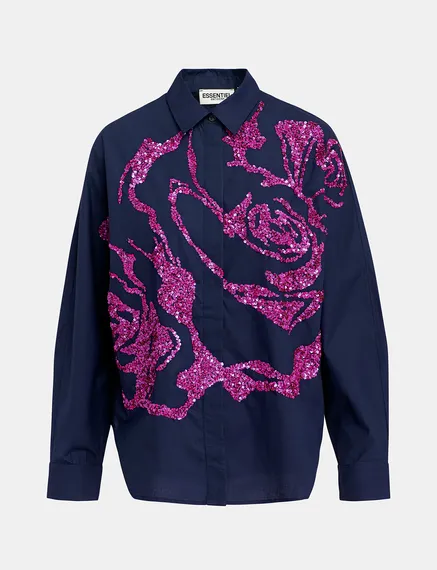 Navy blue cotton shirt with sequin embroideries