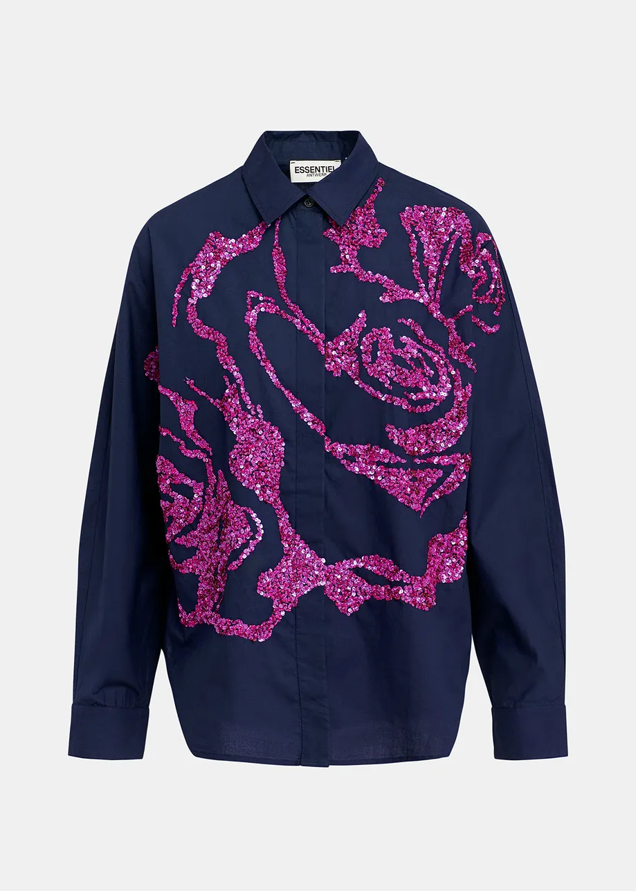 Navy blue cotton shirt with sequin embroideries