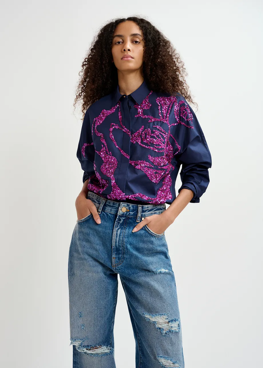 Navy blue cotton shirt with sequin embroideries