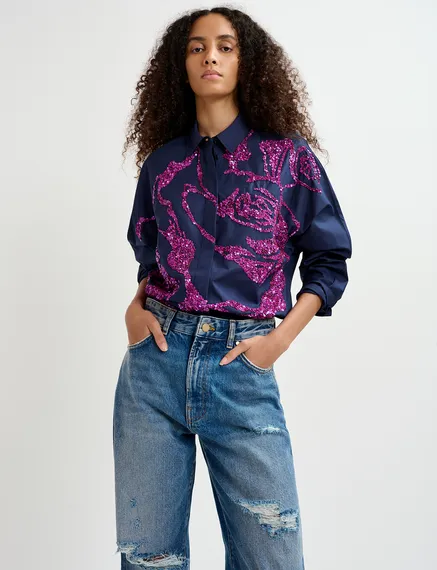 Navy blue cotton shirt with sequin embroideries