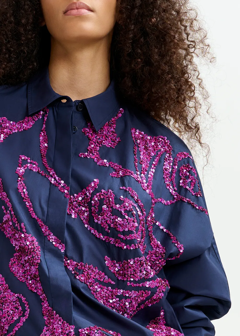 Navy blue cotton shirt with sequin embroideries