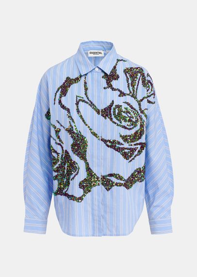 Blue and white striped cotton shirt with sequin embroideries