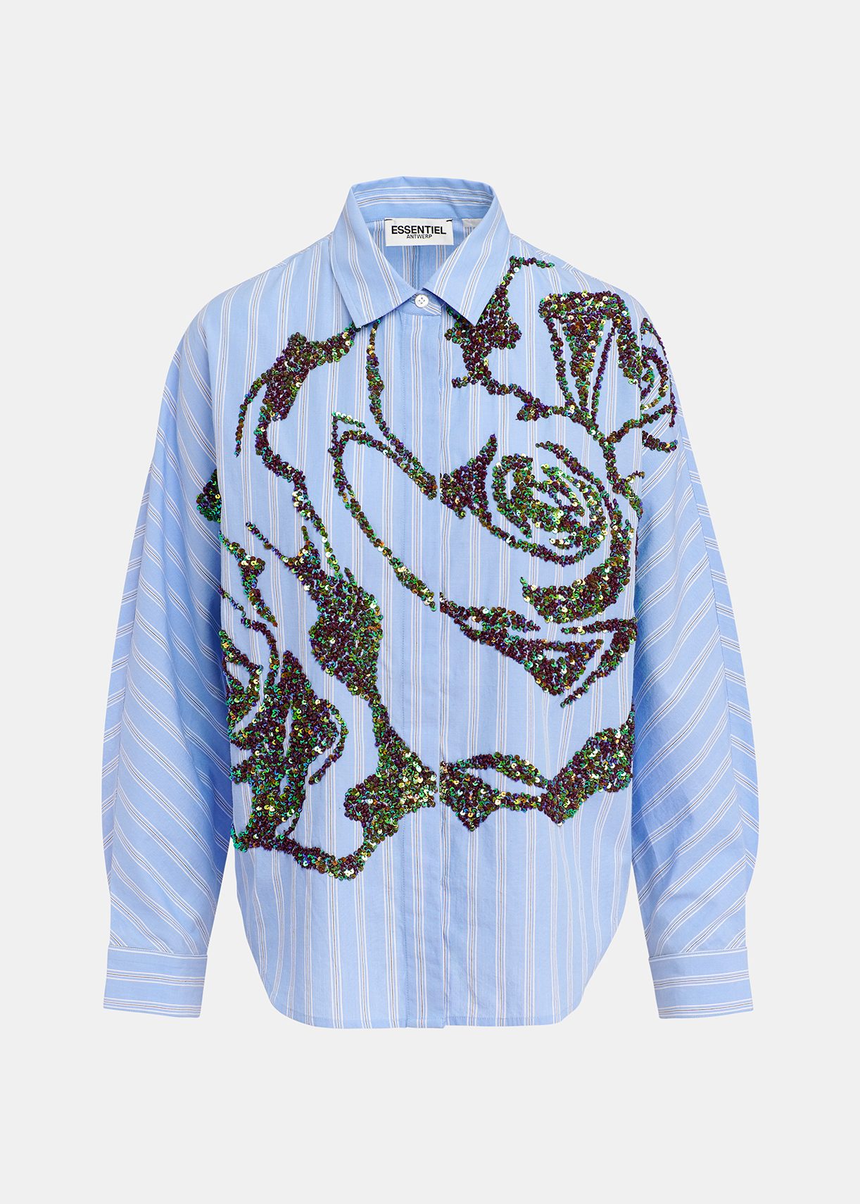 Blue and white striped cotton shirt with sequin embroideries