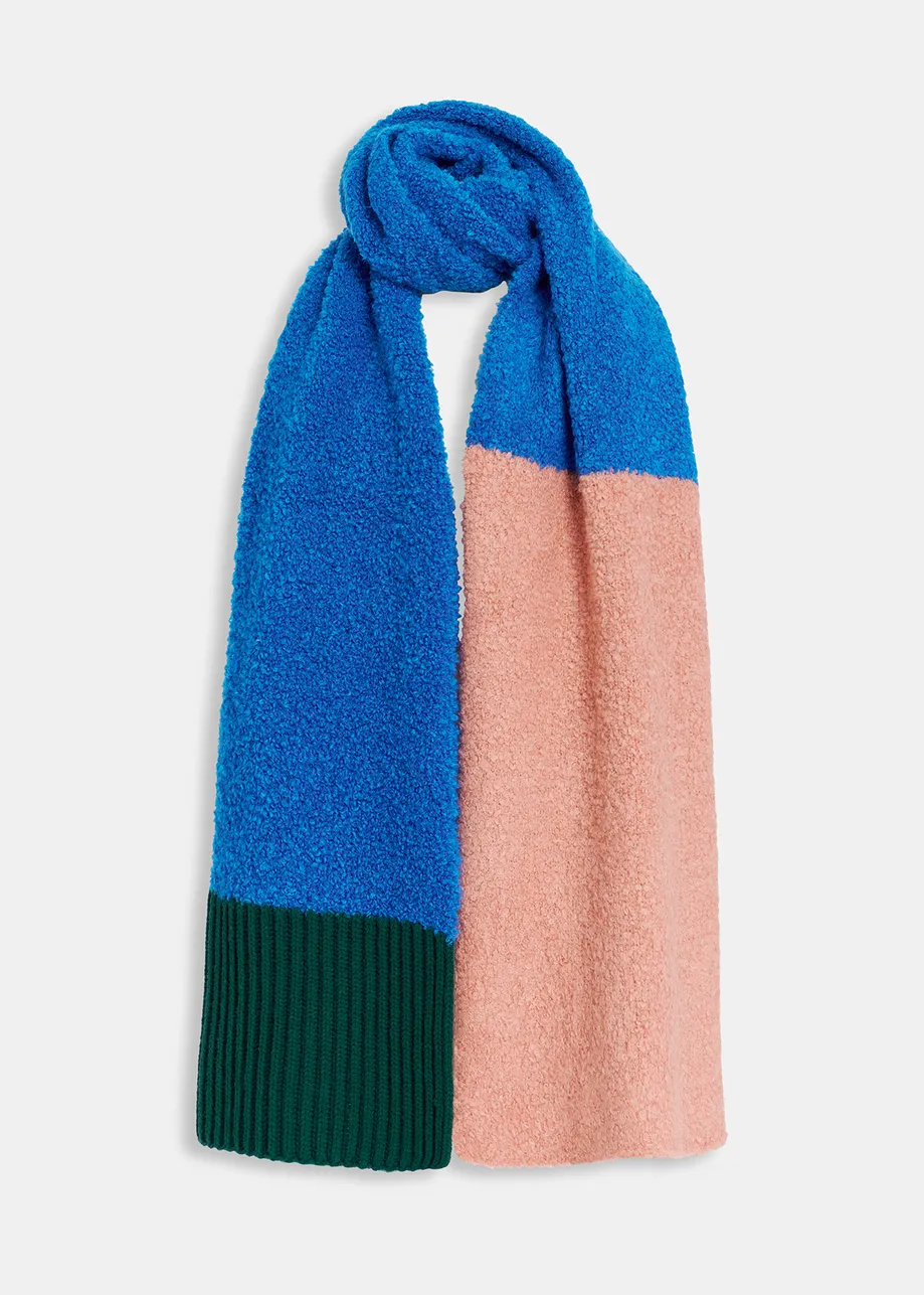 Blue, vintage pink and dark green bouclé-knitted scarf