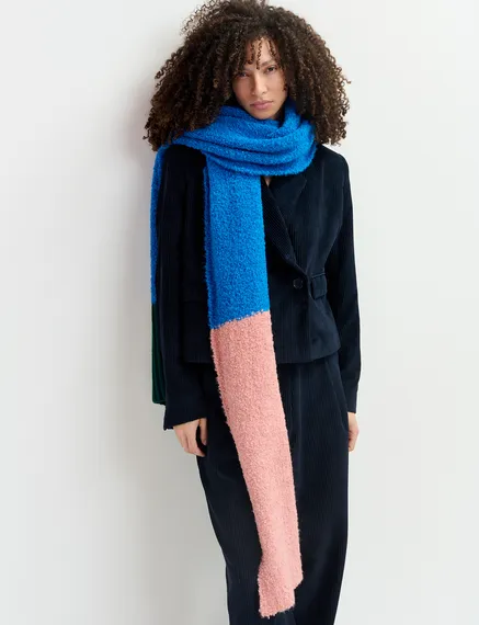 Blue, vintage pink and dark green bouclé-knitted scarf