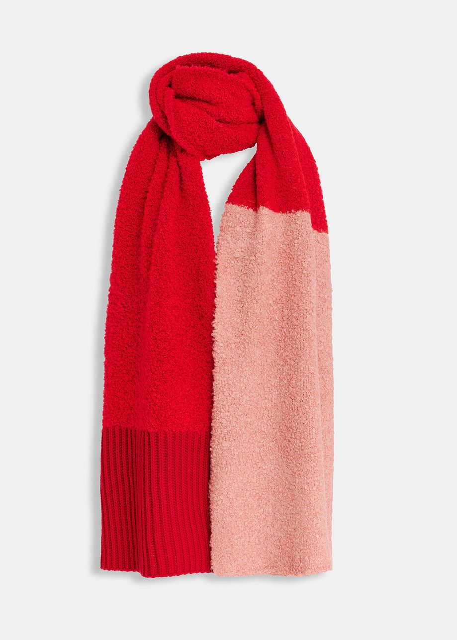 Red and vintage pink bouclé-knitted scarf