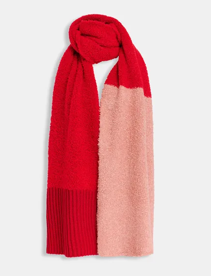 Red and vintage pink bouclé-knitted scarf