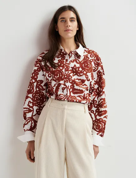 Off-white floral-print shirt with contrasting collar