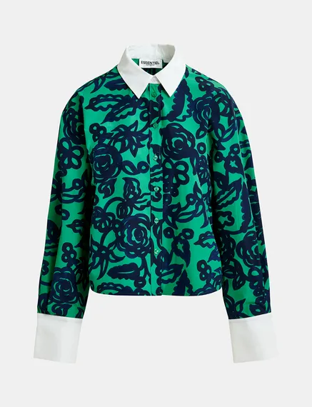 Green floral-print shirt with contrasting collar