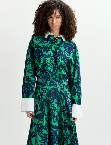 Green floral-print shirt with contrasting collar