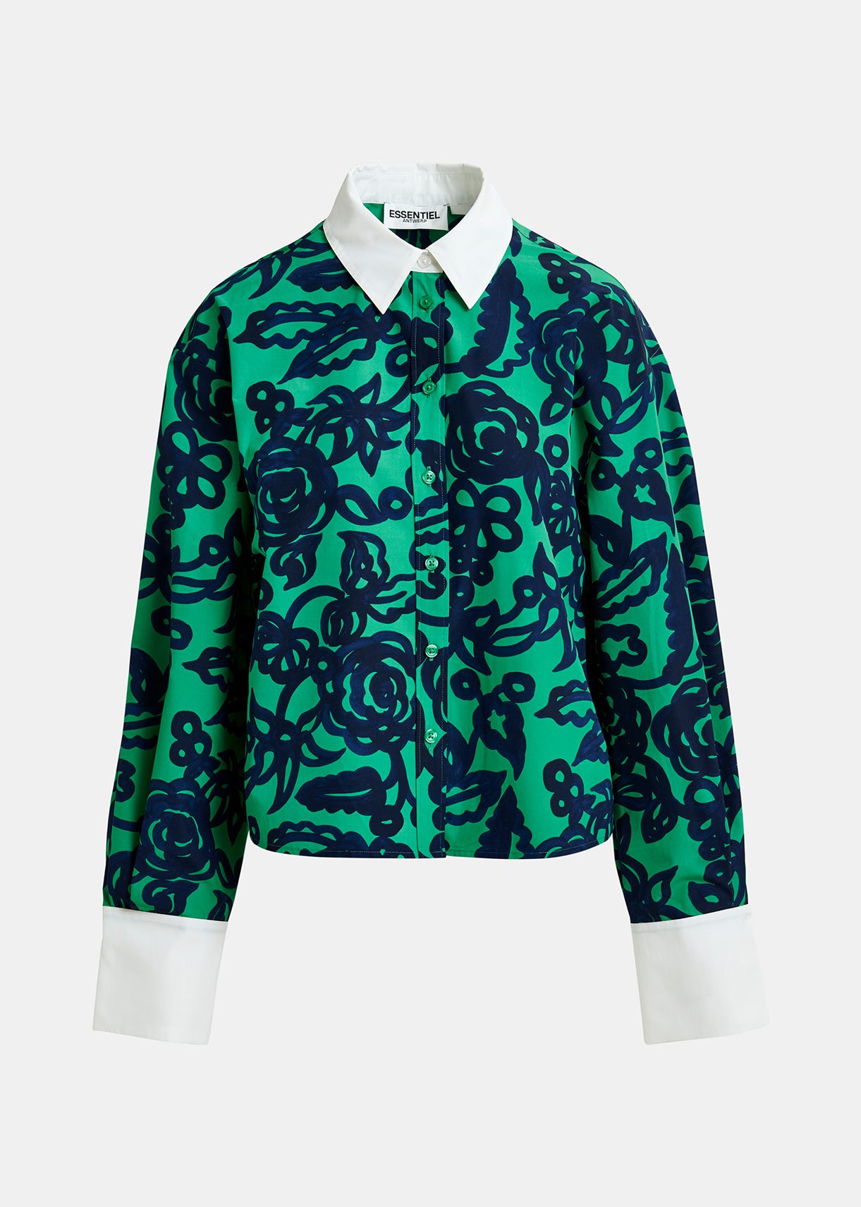 Green floral-print shirt with contrasting collar