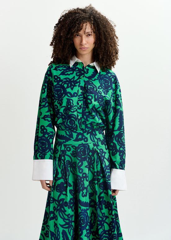 Green floral-print shirt with contrasting collar