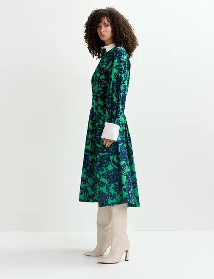 Green floral-print shirt with contrasting collar