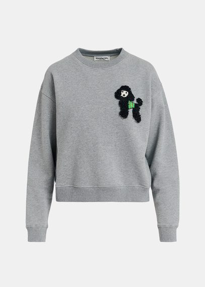 Grey organic cotton sweatshirt with bead-embroidered poodle