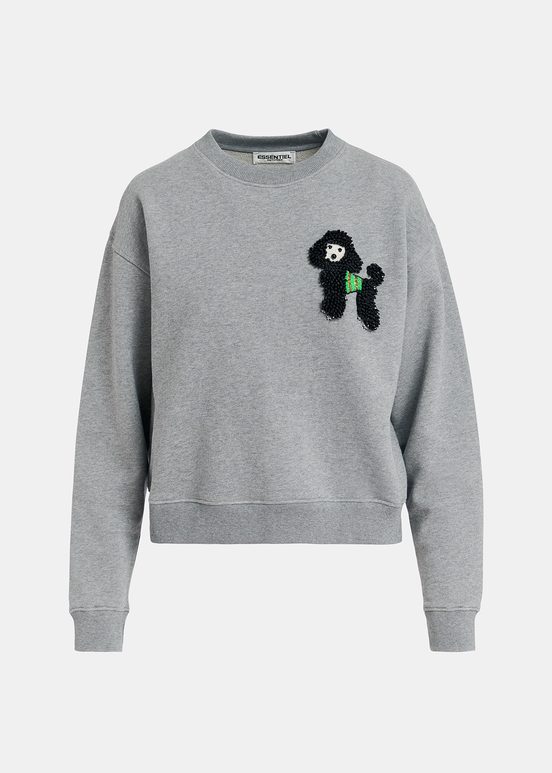 Grey organic cotton sweatshirt with bead-embroidered poodle