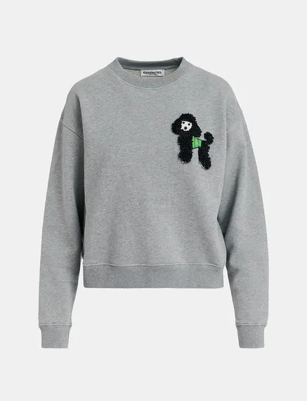 Grey organic cotton sweatshirt with bead-embroidered poodle