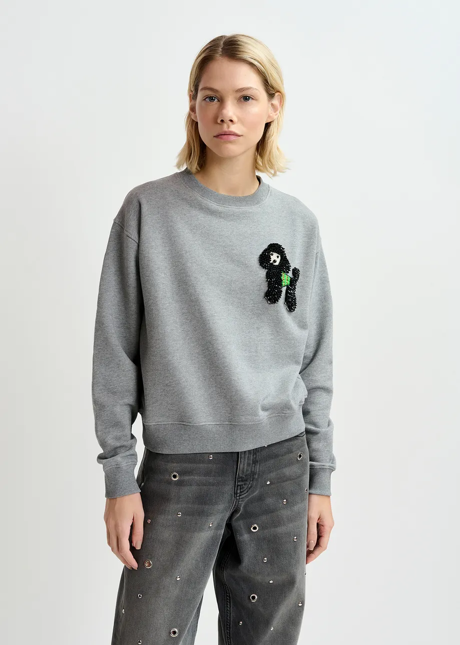 Grey organic cotton sweatshirt with bead-embroidered poodle