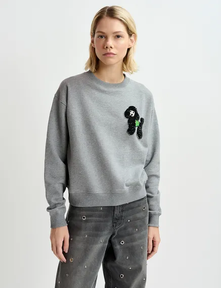 Grey organic cotton sweatshirt with bead-embroidered poodle