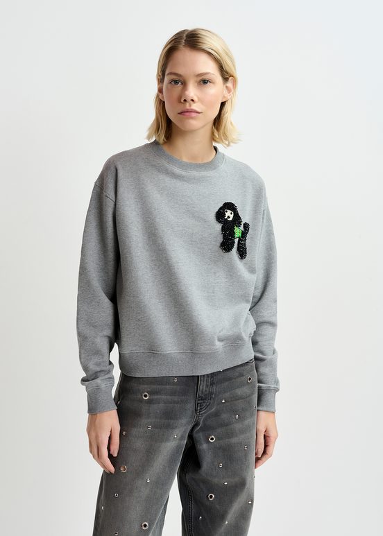 Sweatshirt gris en coton bio avec caniche en perles