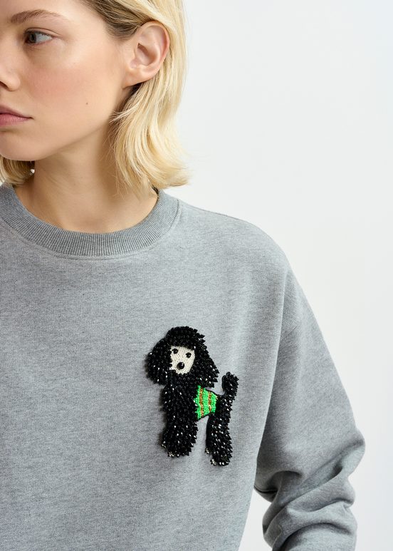 Grey organic cotton sweatshirt with bead-embroidered poodle