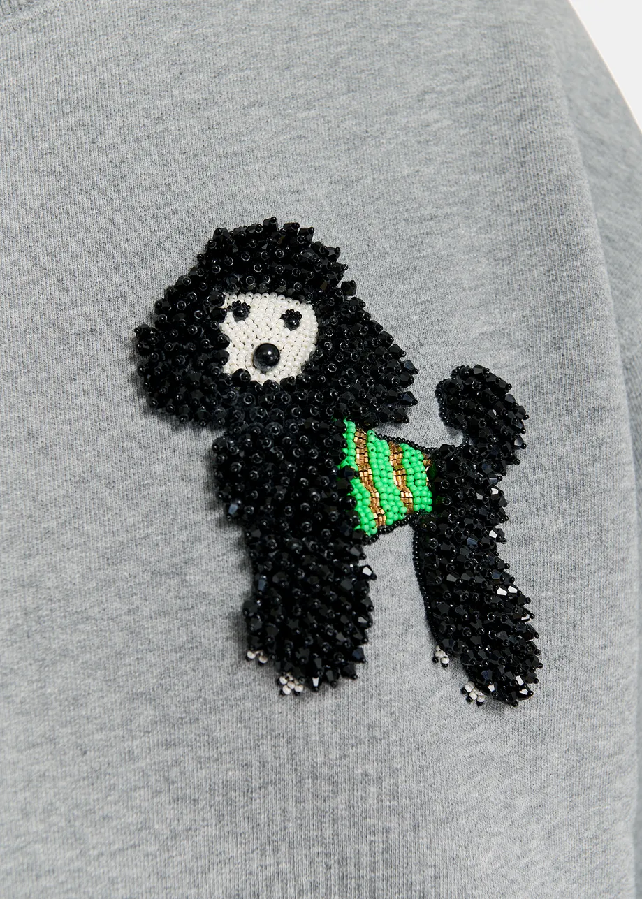 Grey organic cotton sweatshirt with bead-embroidered poodle