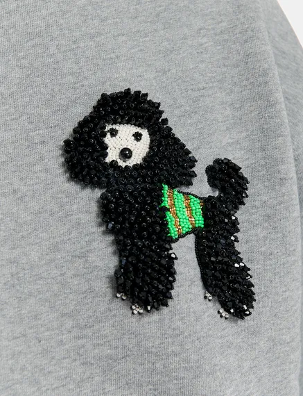 Grey organic cotton sweatshirt with bead-embroidered poodle