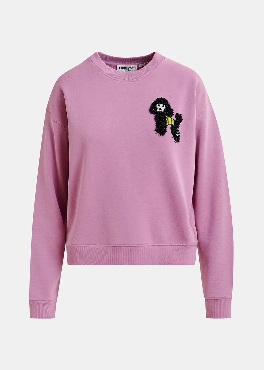 Mauve organic cotton sweatshirt with bead-embroidered poodle