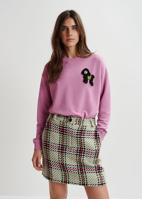 Mauve organic cotton sweatshirt with bead-embroidered poodle