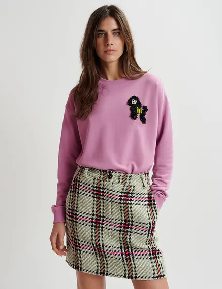 Mauve organic cotton sweatshirt with bead-embroidered poodle