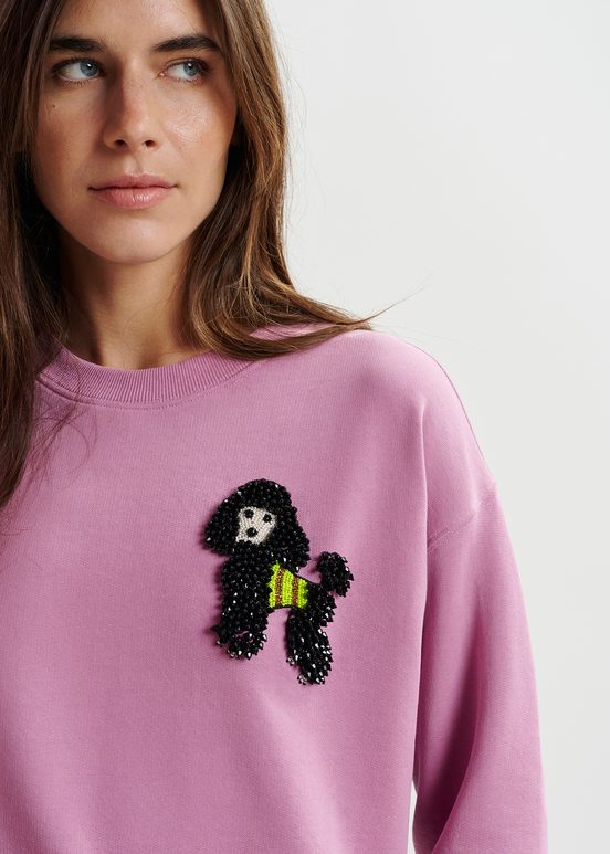 Mauve organic cotton sweatshirt with bead-embroidered poodle