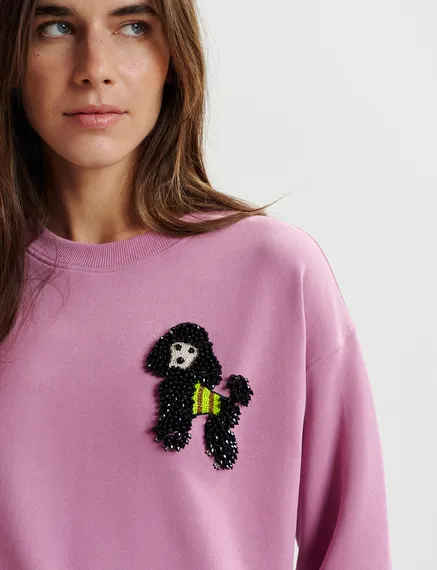 Mauve organic cotton sweatshirt with bead-embroidered poodle