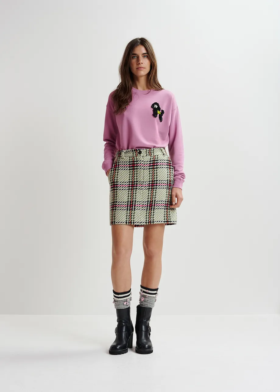 Mauve organic cotton sweatshirt with bead-embroidered poodle