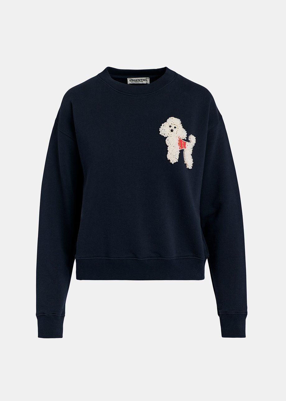 Navy blue organic cotton sweatshirt with bead-embroidered poodle