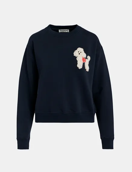 Sweatshirt bleu marine en coton bio avec caniche en perles