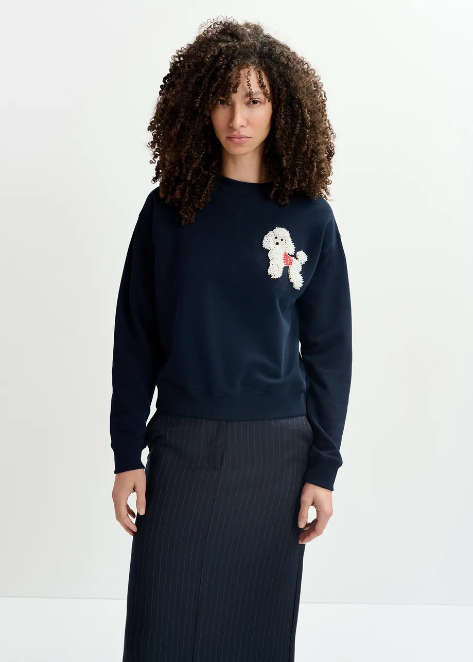 Navy blue organic cotton sweatshirt with bead-embroidered poodle