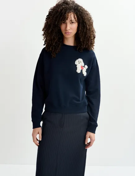 Sweatshirt bleu marine en coton bio avec caniche en perles